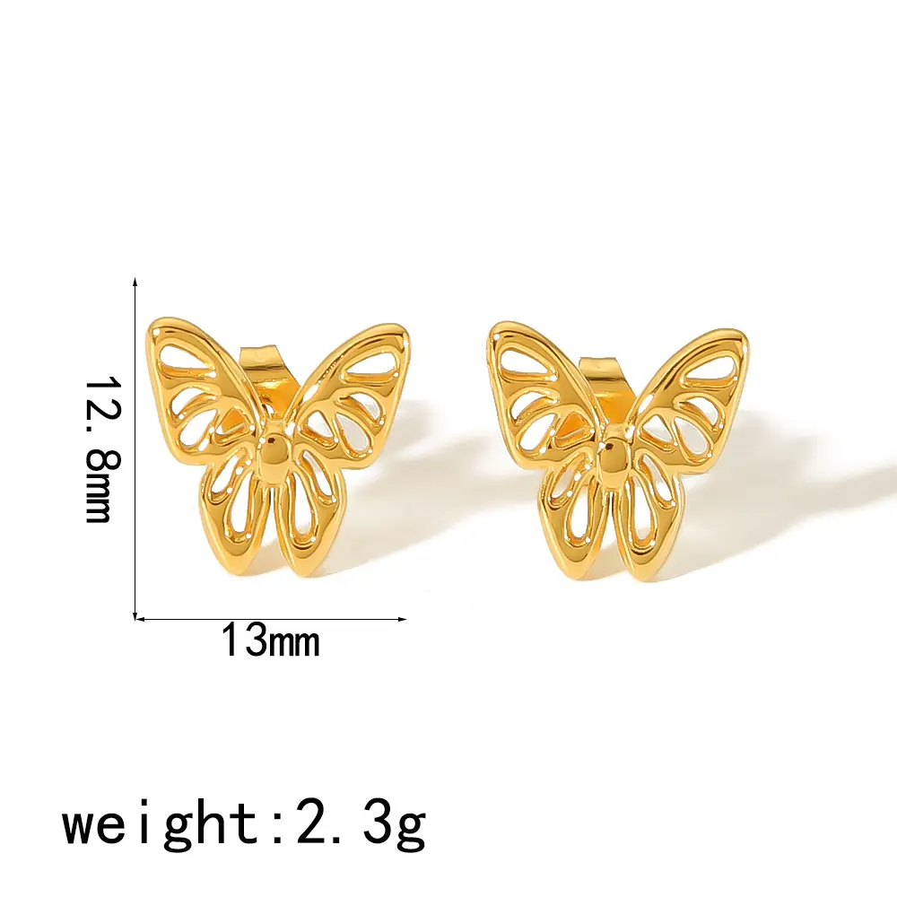 1 par de aretes tipo botón de acero satinado chapados en oro de 18 quilates con forma de mariposa hueca y estilo refinado y dulce para mujer h5 Imagen2